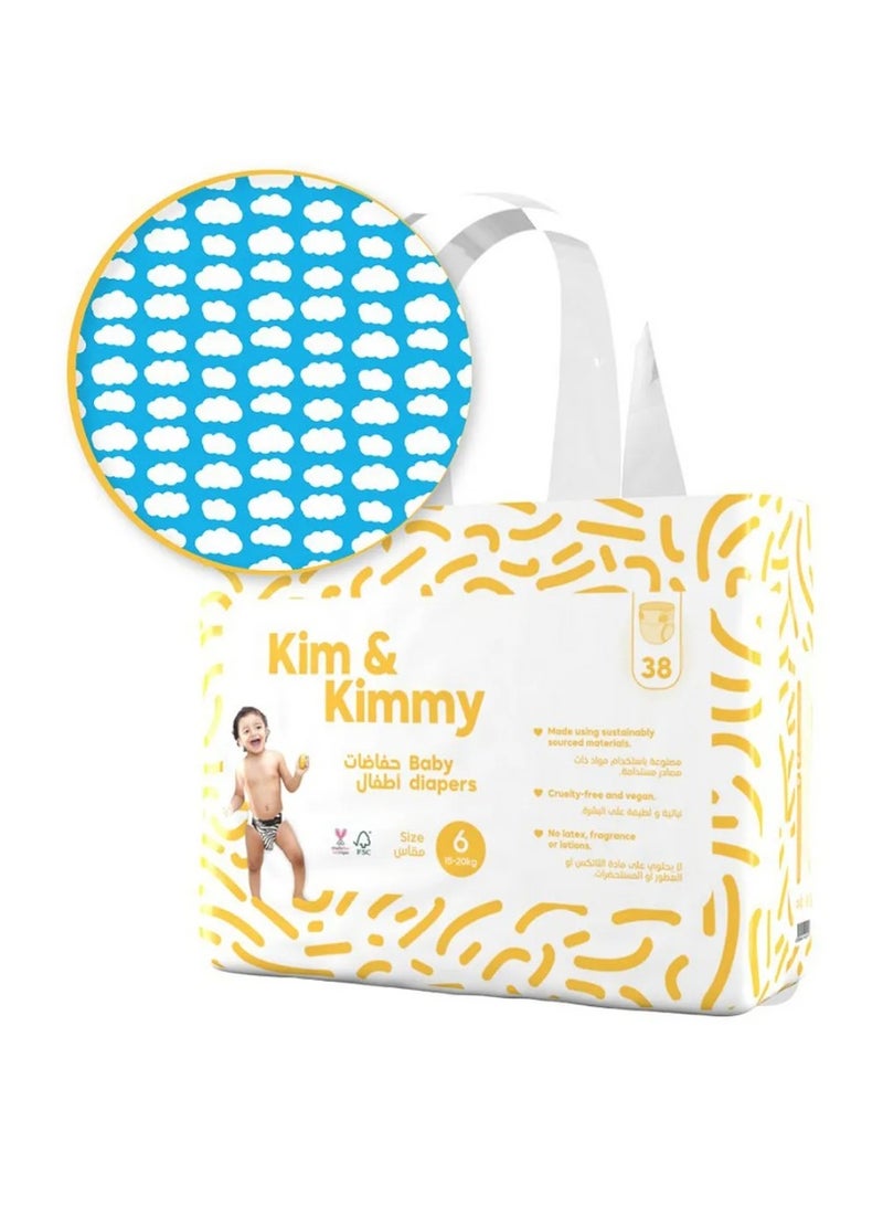 Kim & Kimmy KimandKimmy Little Clouds Tape Style Baby Diapers, 38 Pieces, Size 6, 15 to 20kg - 12Hours Leak Protection, Wetness Indicator, Quick Absorb - Image 1
