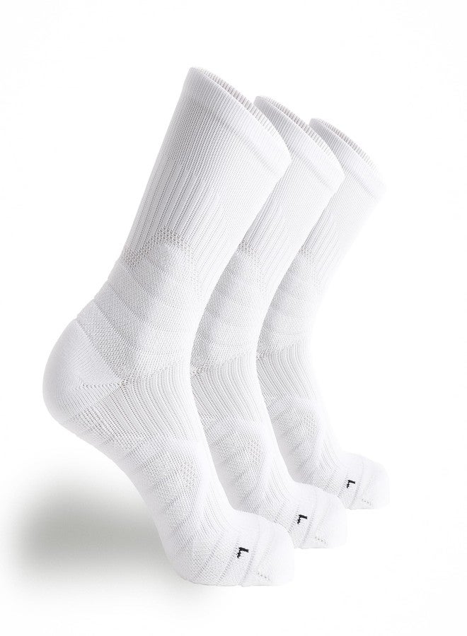 Tactia Compression Running Socks Men, Cushion Padded Anti-Blister, CoolMax Moisture Wicking Cooling, Athletic Performance Tennis Basketball Hiking Marathon Socks Crew (3 Pairs, 11-13, White) - Image 1