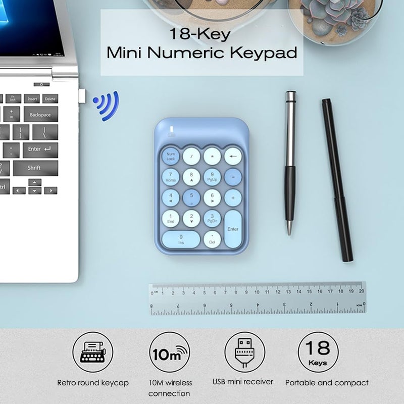 FELICON Wireless Numeric Keypad 18 Keys with 2.4G Mini Portable Silent Number Pad USB Receiver Financial Accounting Keyboard Extensions for Laptop Desktop PC Pro（Blue Mix） - Image 2