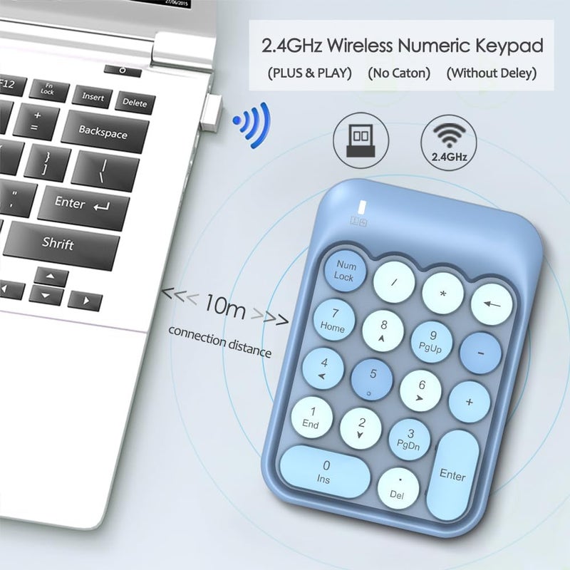 FELICON Wireless Numeric Keypad 18 Keys with 2.4G Mini Portable Silent Number Pad USB Receiver Financial Accounting Keyboard Extensions for Laptop Desktop PC Pro（Blue Mix） - Image 4