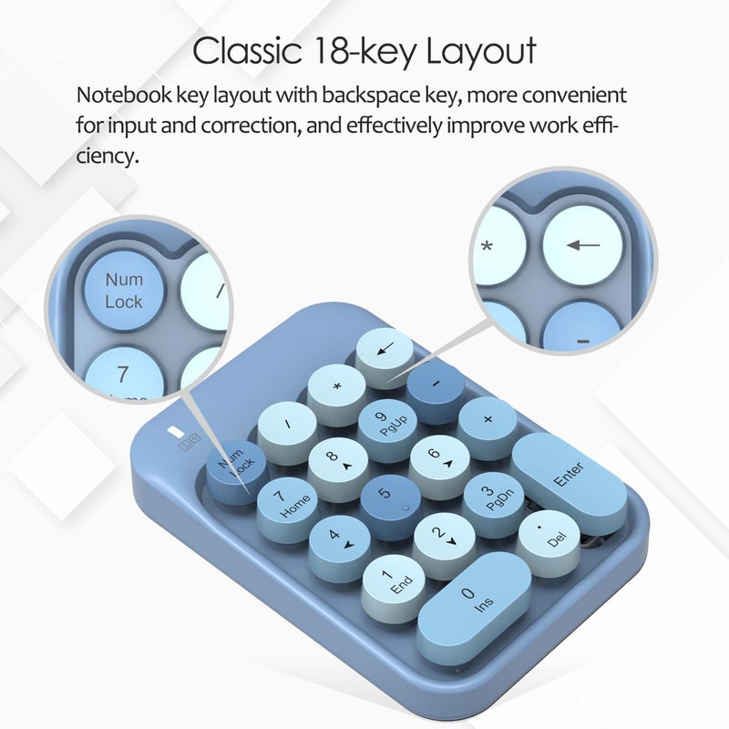 FELICON Wireless Numeric Keypad 18 Keys with 2.4G Mini Portable Silent Number Pad USB Receiver Financial Accounting Keyboard Extensions for Laptop Desktop PC Pro（Blue Mix） - Image 3