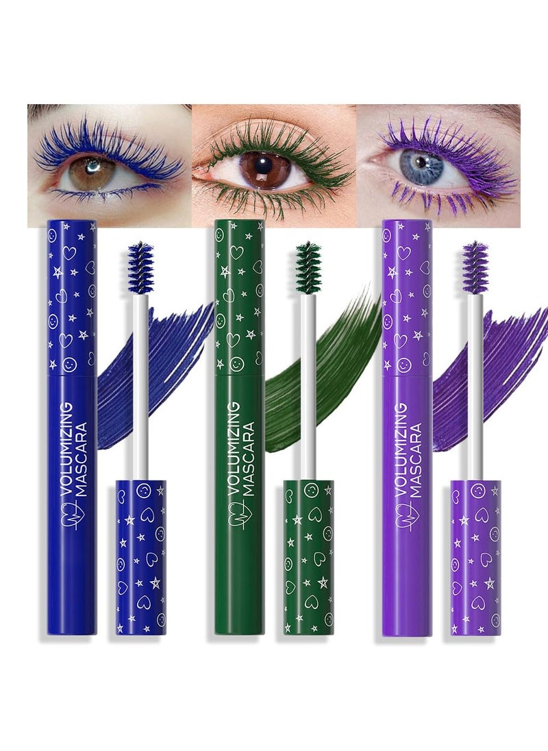 BINGBRUSH Colored Mascara for Eyelashes Set,Colorful Waterproof Mascara for eyelashes Long lasting Charming Voluminous Mascara for Women Halloween Eye Makeup (3Pcs 01#Blue&06#Green&08#Purple, F) 