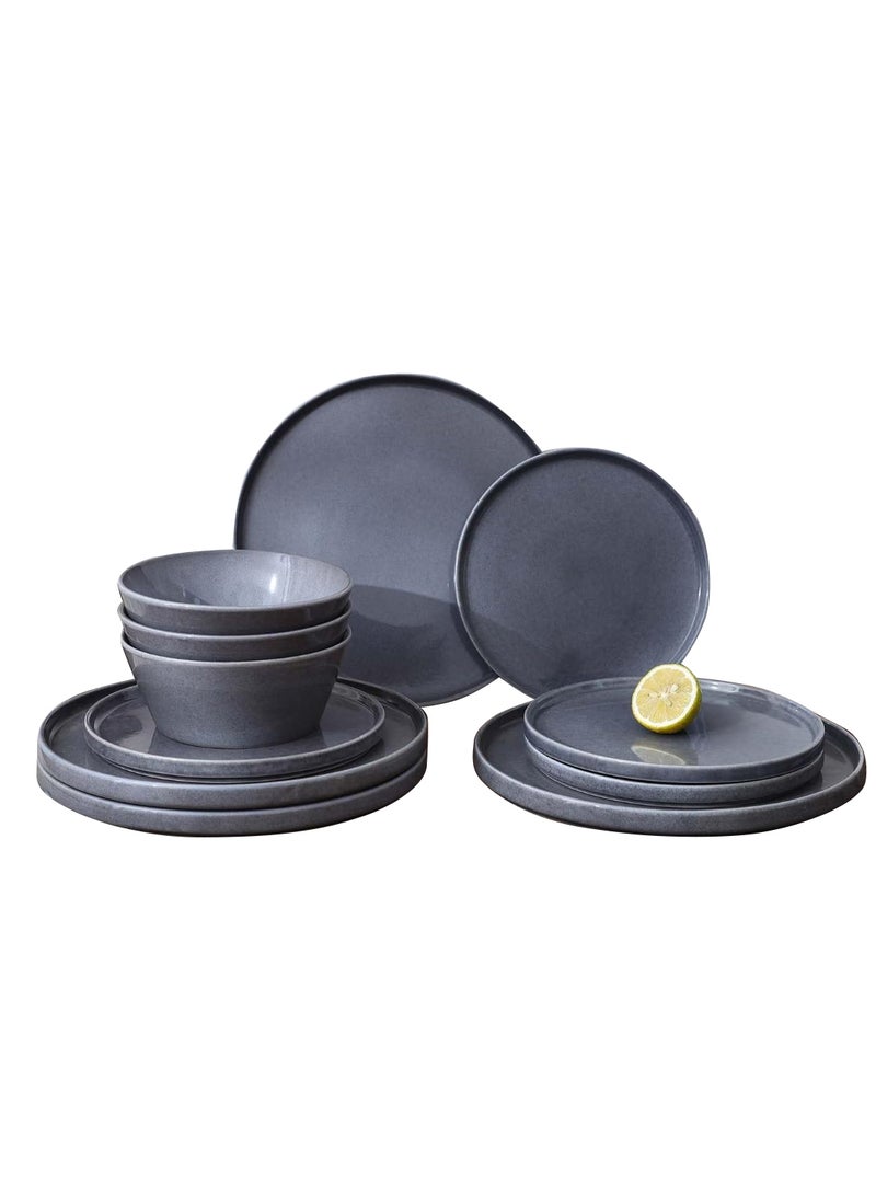 Famiware Annecy 12 Piece Stoneware Dinnerware Set, Set for 4, Scratch Resistant, Microwave & Dishwasher Safe, Misty Blue  - Image 1