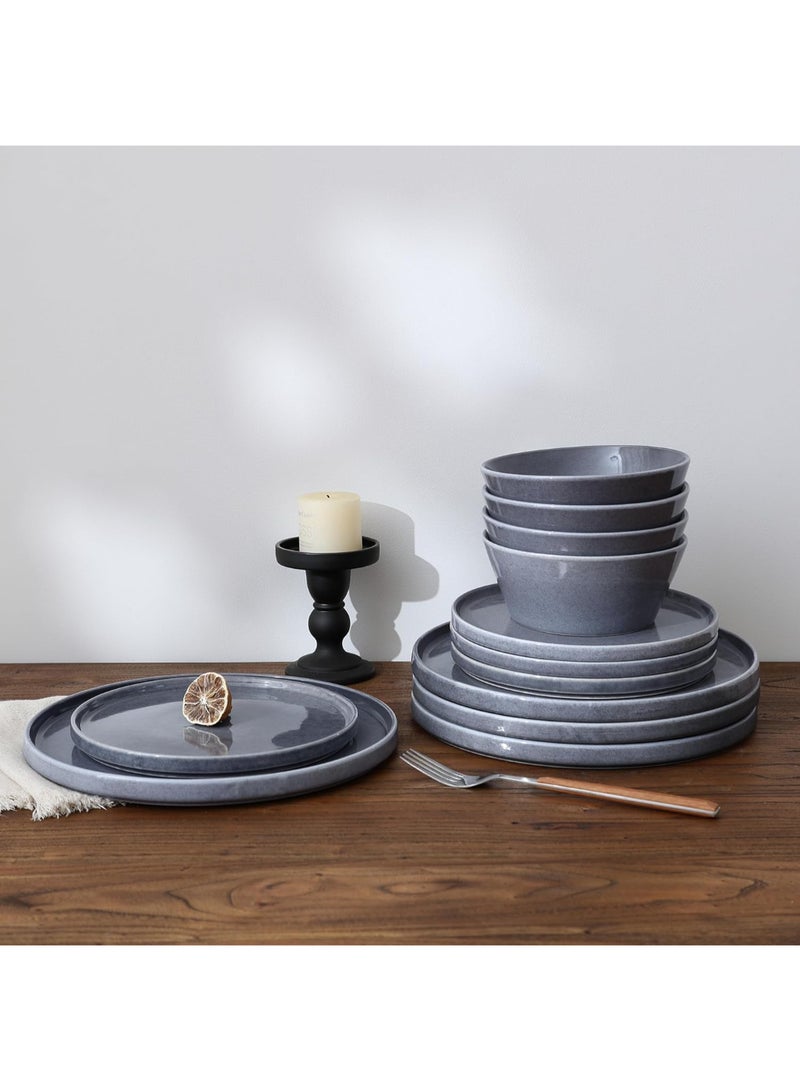 Famiware Annecy 12 Piece Stoneware Dinnerware Set, Set for 4, Scratch Resistant, Microwave & Dishwasher Safe, Misty Blue  - Image 5