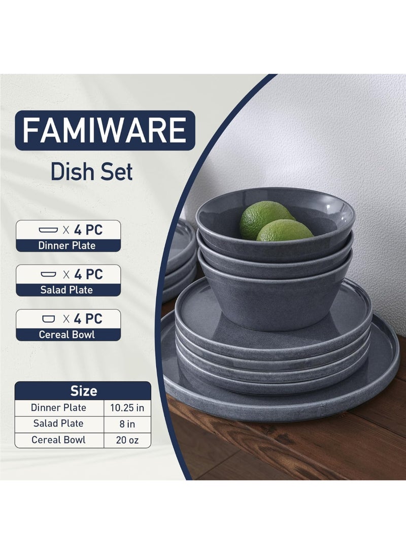 Famiware Annecy 12 Piece Stoneware Dinnerware Set, Set for 4, Scratch Resistant, Microwave & Dishwasher Safe, Misty Blue  - Image 2