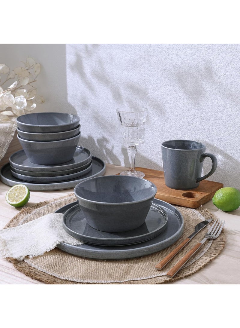 Famiware Annecy 12 Piece Stoneware Dinnerware Set, Set for 4, Scratch Resistant, Microwave & Dishwasher Safe, Misty Blue  - Image 4