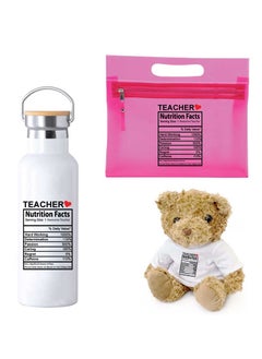 PRINTSHOP4ME Teacher's Day Pack of 3 Combo Pack - Stainless Steel Bamboo Cap Flask Bottle 600ml, Pink Cosmetic Bag and Teddy Bear - Teacher's Day Gift Set - Gift for World Teachers Day  - Image 1