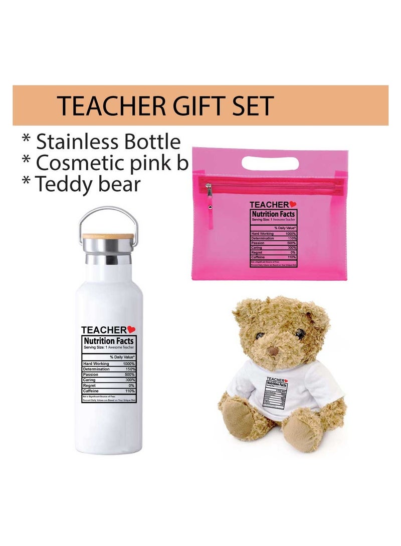 PRINTSHOP4ME Teacher's Day Pack of 3 Combo Pack - Stainless Steel Bamboo Cap Flask Bottle 600ml, Pink Cosmetic Bag and Teddy Bear - Teacher's Day Gift Set - Gift for World Teachers Day - Image 2