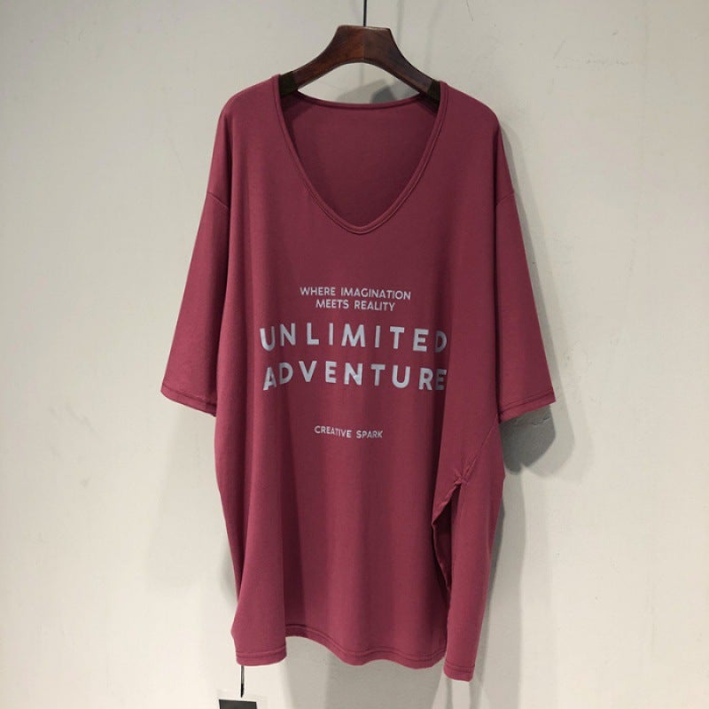 300Kg Plus Size Large V Collar Leakage Clavicle Loose Lazy Wind Long Bat Sleeve Short Sleeve T-Shirt Women - Image 1