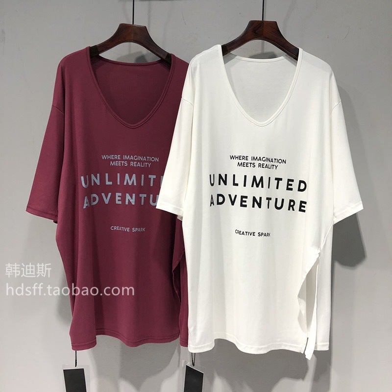 300Kg Plus Size Large V Collar Leakage Clavicle Loose Lazy Wind Long Bat Sleeve Short Sleeve T-Shirt Women - Image 2