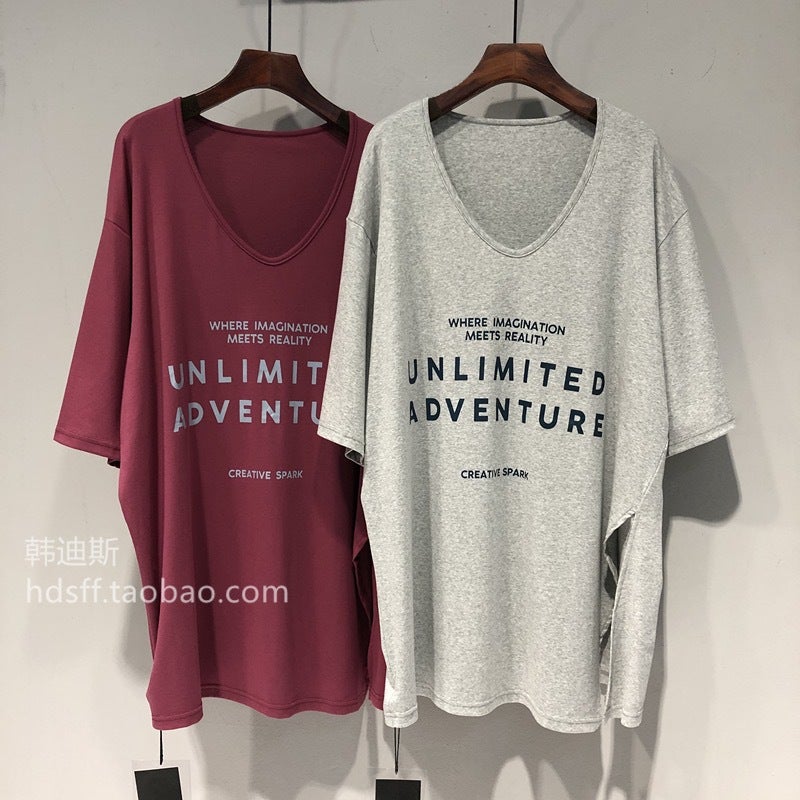 300Kg Plus Size Large V Collar Leakage Clavicle Loose Lazy Wind Long Bat Sleeve Short Sleeve T-Shirt Women - Image 5