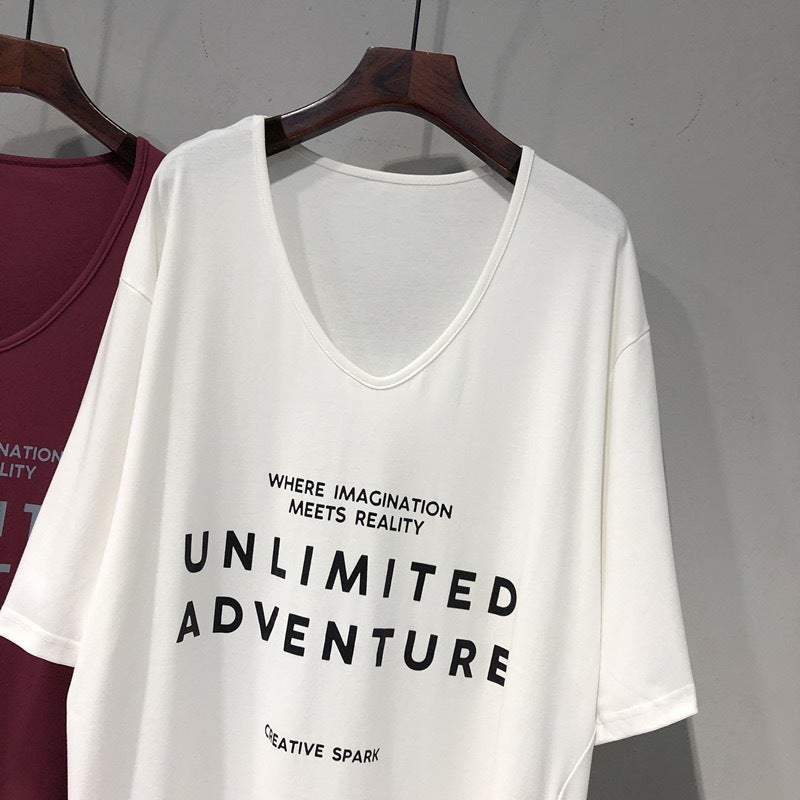 300Kg Plus Size Large V Collar Leakage Clavicle Loose Lazy Wind Long Bat Sleeve Short Sleeve T-Shirt Women - Image 3