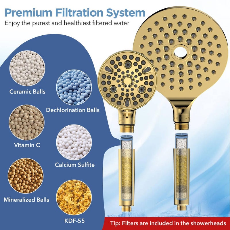 MakeFit Dual Filtered Rain Shower Head Combo, High Pressure Handheld Shower Head with Adjustable Bar - Rainfall Shower Head And Showerhead with Filter for Hard Water - Removes Chlorine(Gold) - Image 4