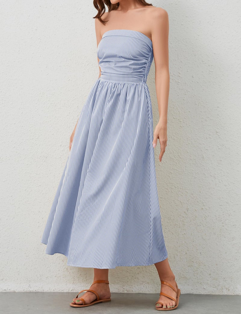 Dsewpaur Striped Strapless Maxi Dress for Women Sleeveless Flowy Long Dress Summer Casual Tube Dress with Pockets Blue - Image 5