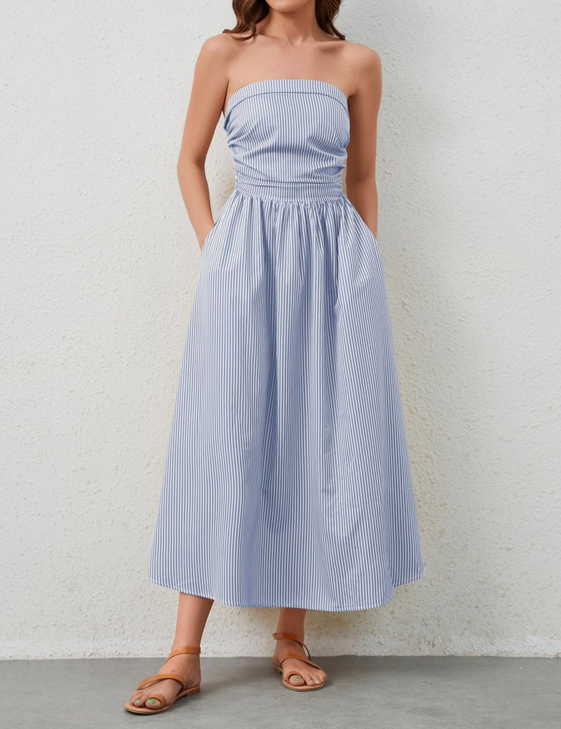 Dsewpaur Striped Strapless Maxi Dress for Women Sleeveless Flowy Long Dress Summer Casual Tube Dress with Pockets Blue - Image 2