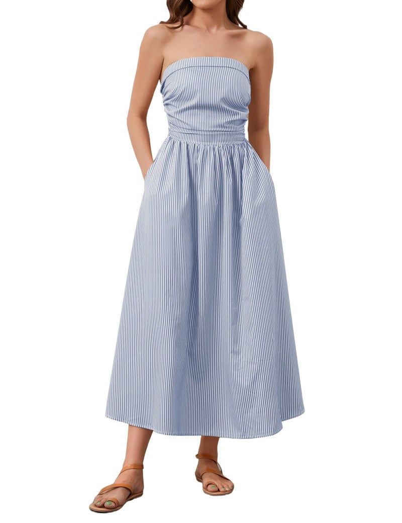 Dsewpaur Striped Strapless Maxi Dress for Women Sleeveless Flowy Long Dress Summer Casual Tube Dress with Pockets Blue - Image 1