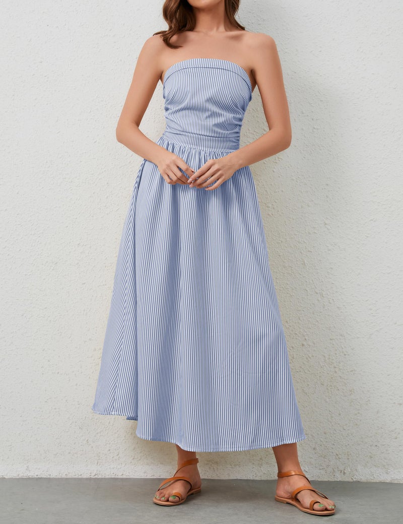 Dsewpaur Striped Strapless Maxi Dress for Women Sleeveless Flowy Long Dress Summer Casual Tube Dress with Pockets Blue - Image 3