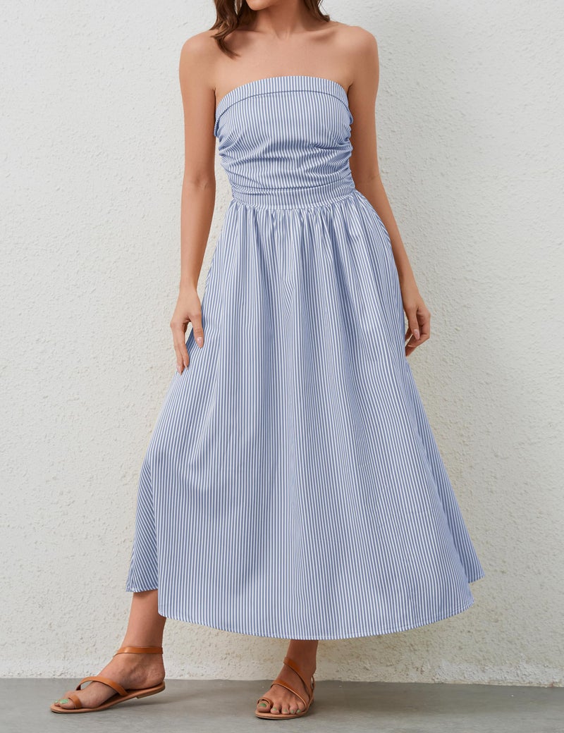 Dsewpaur Striped Strapless Maxi Dress for Women Sleeveless Flowy Long Dress Summer Casual Tube Dress with Pockets Blue - Image 4