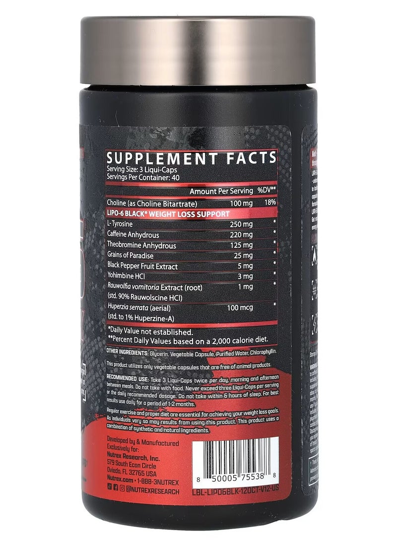 Nutrex Research Extreme Lipo-6 Black capsules from Nurtex - an ultra-strength fat burner - 120 capsules  - Image 2