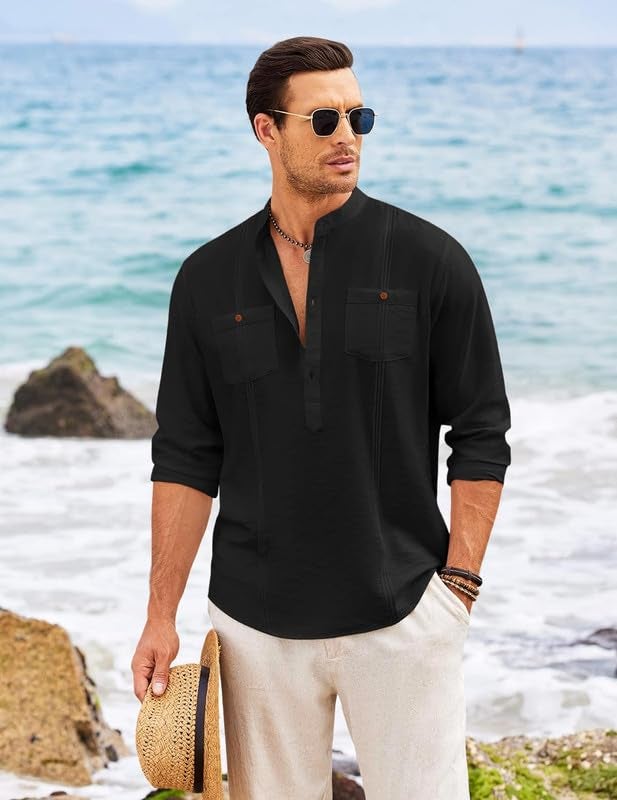 Macsivo Cotton Blend Solid Casual Short Kurta for Men Long Sleeve Mandarin Collar Stylish Shirt Kurta for Men Black - Image 5