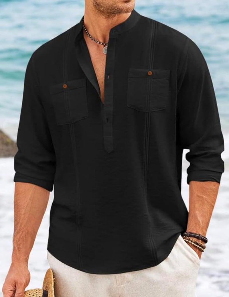 Macsivo Cotton Blend Solid Casual Short Kurta for Men Long Sleeve Mandarin Collar Stylish Shirt Kurta for Men Black - Image 2