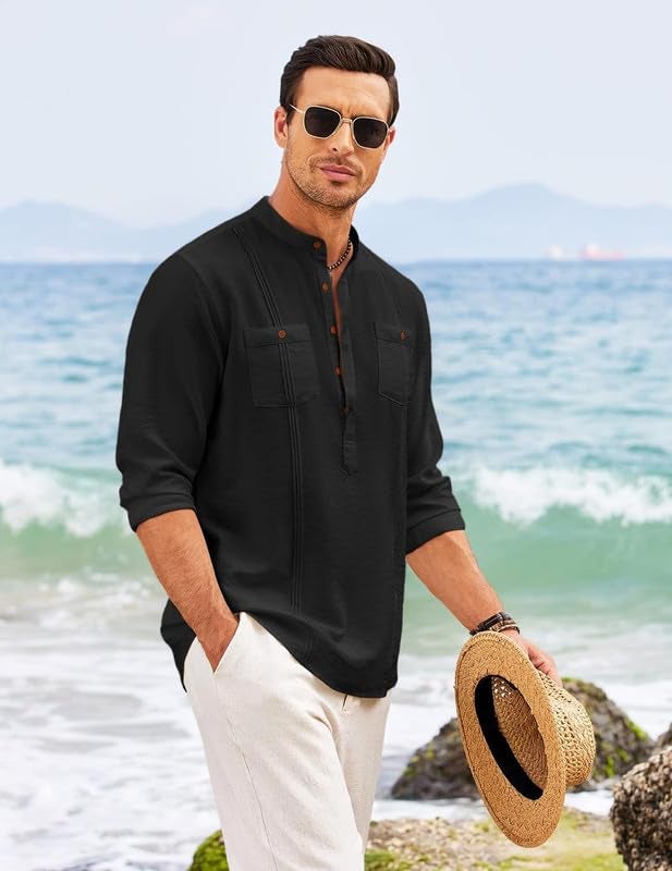 Macsivo Cotton Blend Solid Casual Short Kurta for Men Long Sleeve Mandarin Collar Stylish Shirt Kurta for Men Black - Image 4
