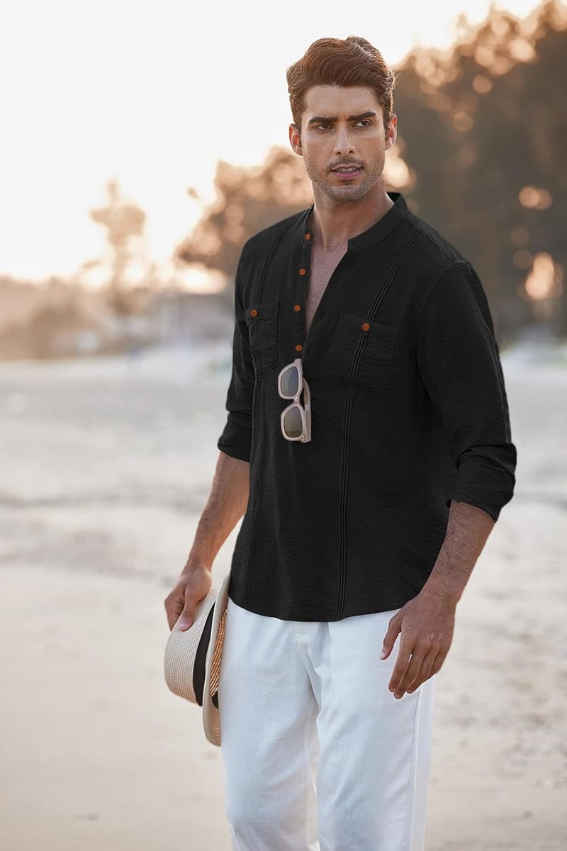 Macsivo Cotton Blend Solid Casual Short Kurta for Men Long Sleeve Mandarin Collar Stylish Shirt Kurta for Men Black - Image 3