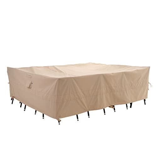 غطاء طاولة فناء مستطيل بيج WJX3 102W x 78D x 31H بوصة ثقيل مقاوم للماء مقاوم للرياح مضاد للتلاشي مثالي لحماية مجموعة تناول الطعام في الهواء الطلق