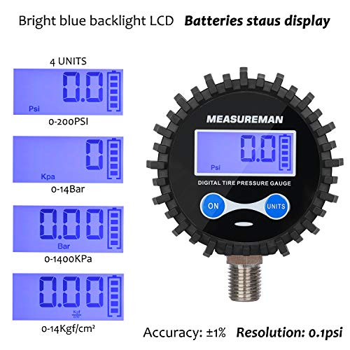 MEASUREMAN 2-1/2" Dial Size Digital Air Pressure Gauge with 1/4'' NPT Bottom Connector and Protective Boot, 0-200psi, Accuracy 1%, Battery Powered, with LED Light - Image 3