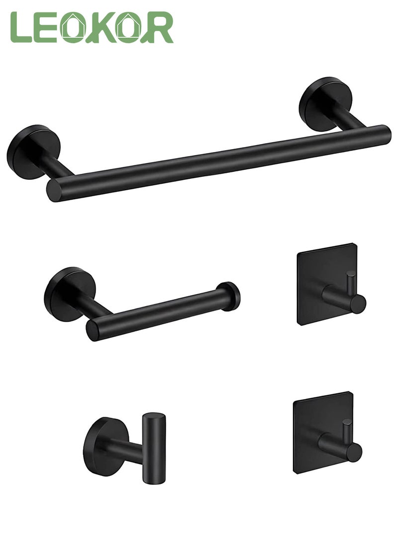 LEOKOR 5PCS Bathroom Hardware Set, Stainless Steel Bathroom Accessories Towel Holders Kit, Mounted with 16" Towel Bar, 6.2" Toilet Paper Holder, Robe Towel Hook and 2 Self-adhesive Hooks (Black) - Image 1