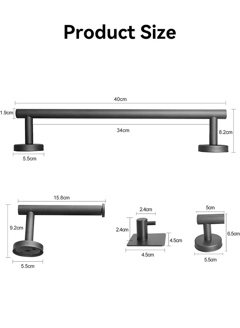 LEOKOR 5PCS Bathroom Hardware Set, Stainless Steel Bathroom Accessories Towel Holders Kit, Mounted with 16" Towel Bar, 6.2" Toilet Paper Holder, Robe Towel Hook and 2 Self-adhesive Hooks (Black) - Image 2