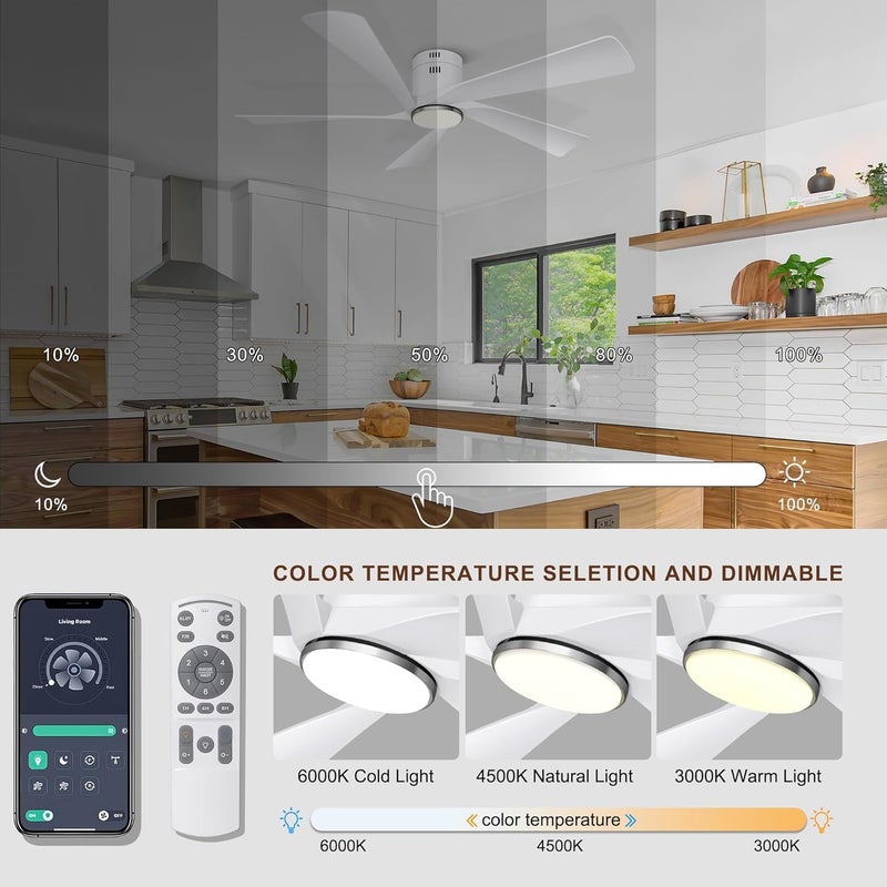Ohniyou 52” Flush Mount Ceiling Fan with Lights, Remote & APP Control Low Profile Indoor Outdoor Ceiling Fans, Dimmable, Quiet DC Motor, Reversible, White - Image 2