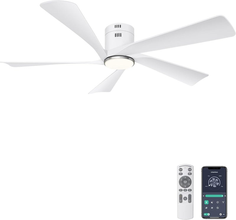 Ohniyou 52” Flush Mount Ceiling Fan with Lights, Remote & APP Control Low Profile Indoor Outdoor Ceiling Fans, Dimmable, Quiet DC Motor, Reversible, White - Image 1
