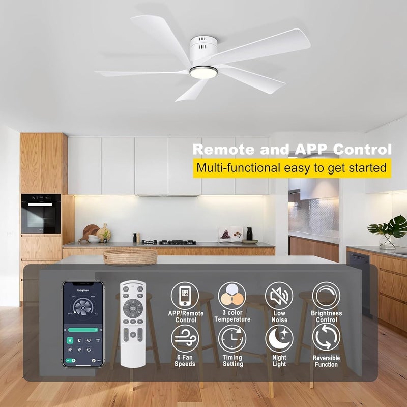Ohniyou 52” Flush Mount Ceiling Fan with Lights, Remote & APP Control Low Profile Indoor Outdoor Ceiling Fans, Dimmable, Quiet DC Motor, Reversible, White - Image 5