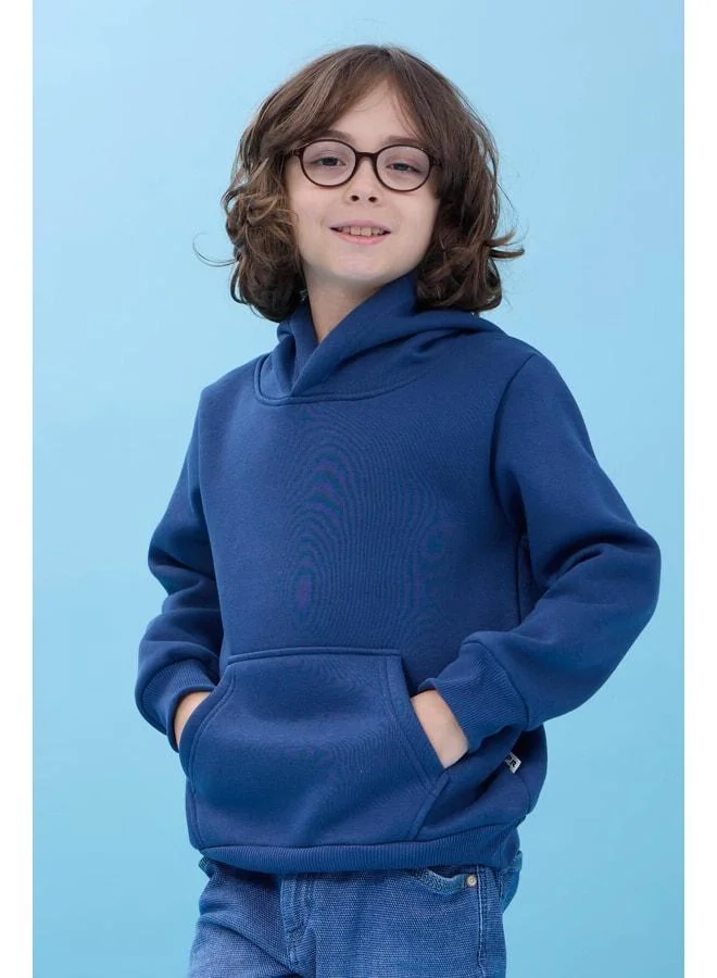 Perendi Unisex Hooded Kangaroo Pocket Sherpa Winter Sweatshirt - Indigo.