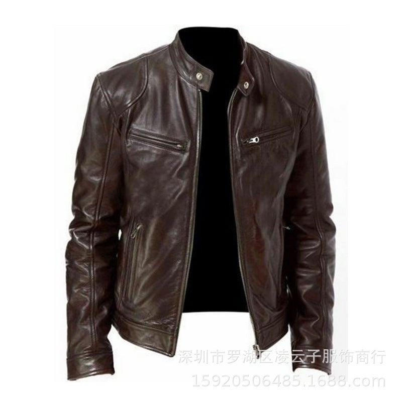 Foreign Trade Cross-border Mens Motorcycle Retro Rock Casual Leather Jacket Coat Car PU Leather Jacket in stock Wholesale Black  - Image 2