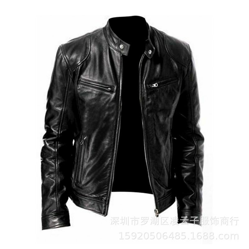 Foreign Trade Cross-border Mens Motorcycle Retro Rock Casual Leather Jacket Coat Car PU Leather Jacket in stock Wholesale Black  - Image 1