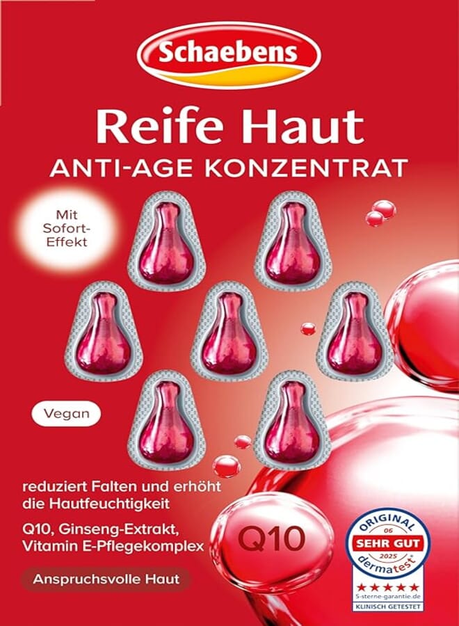 Schaebens Mature Skin Anti-Age Concentrate, 7 Capsules, Reduces Wrinkles and Increases Skin Moisture with Q10, Ginseng Extract, Vitamin E Care Complex for Demanding Skin, Vegan