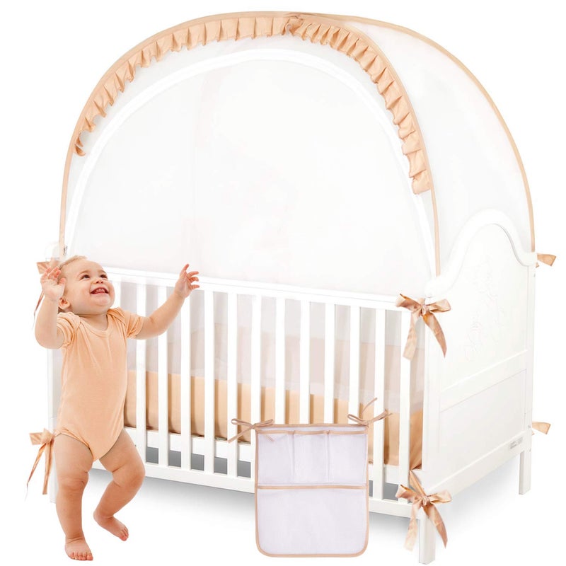 ZXPLO Baby Safety Crib Tent Infant Pop up Mosquito Net Nursery Bed Canopy Netting Cover  Keep Baby from Climbing Out with Hanging Diaper Storage Bag Beige
