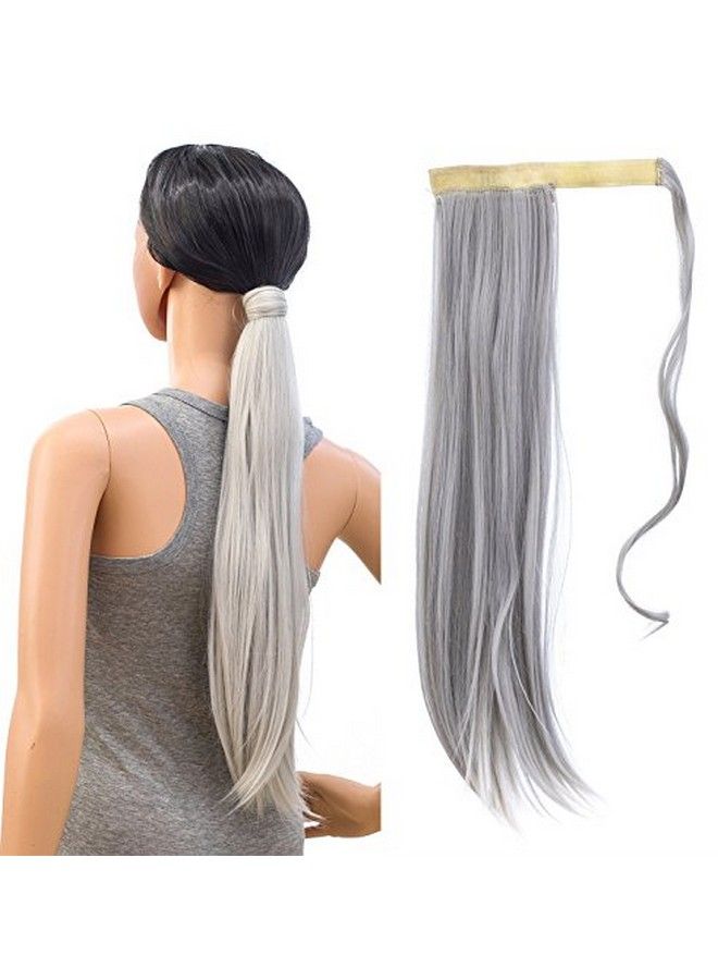 SWACC Women Long Straight/Curly Wavy Wrap Around Ponytail Extension Synthetic Hair Piece Clip In Hair Extensions (Straight Silver Gray) - Image 3