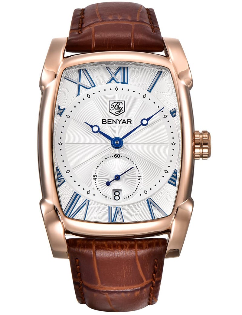 BY BENYAR BENYAR Waterproof Classic Rectangle Case Vintage Design Watches Leather Strap Business Casual Wrist Watch for Men (Gold) - Image 1