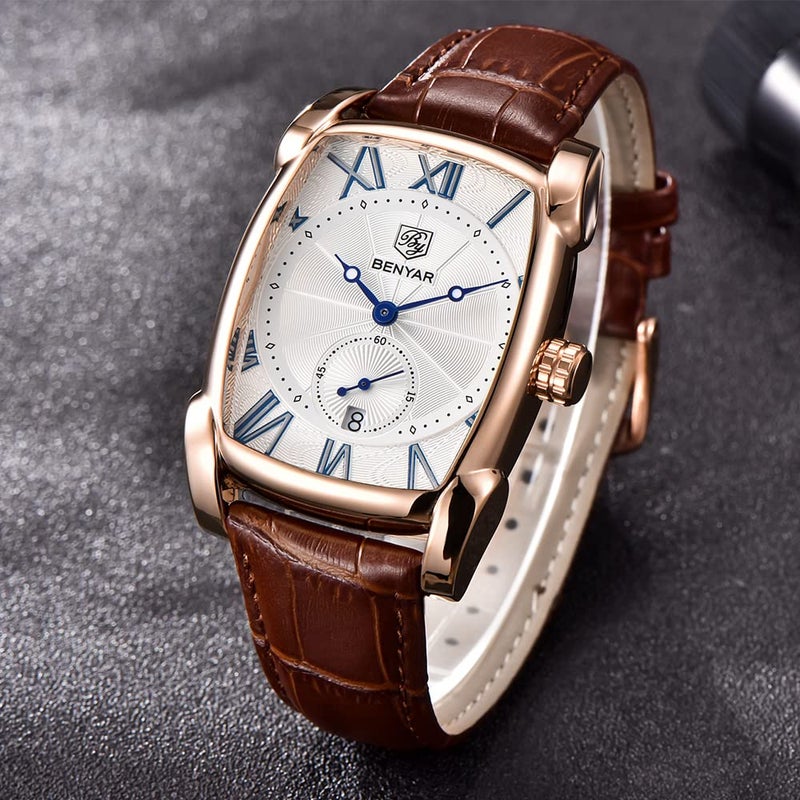 BY BENYAR BENYAR Waterproof Classic Rectangle Case Vintage Design Watches Leather Strap Business Casual Wrist Watch for Men (Gold) - Image 3
