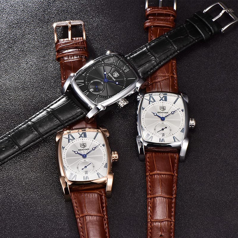 BY BENYAR BENYAR Waterproof Classic Rectangle Case Vintage Design Watches Leather Strap Business Casual Wrist Watch for Men (Gold) - Image 5