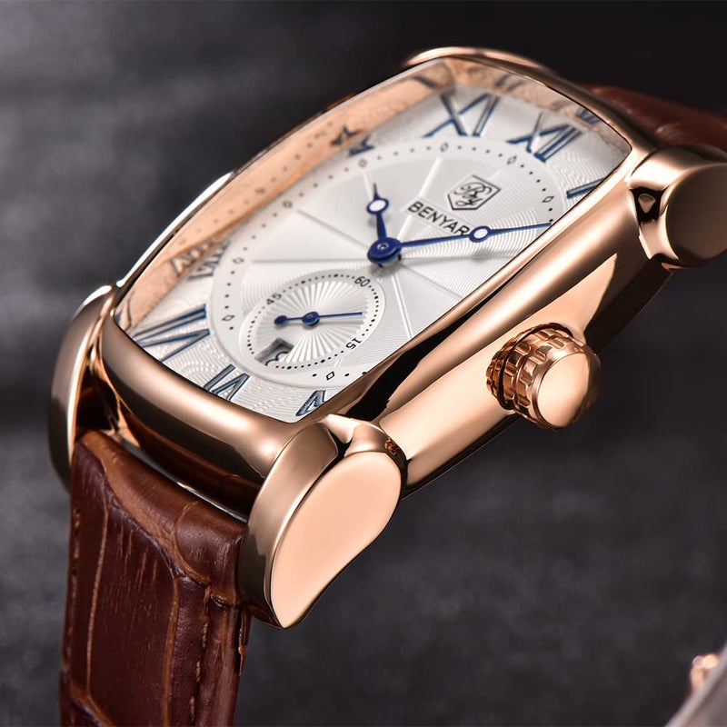 BY BENYAR BENYAR Waterproof Classic Rectangle Case Vintage Design Watches Leather Strap Business Casual Wrist Watch for Men (Gold) - Image 4