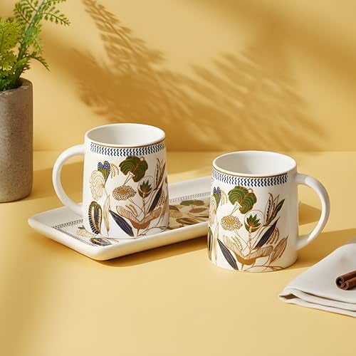 CRAF10 Ceramic Coffee Tea Mugs (330 ML) Sets of 2 with Tray| Microwave & Dishwasher Safe | Ideal for Gifting | Botanic Gold Model - Image 1