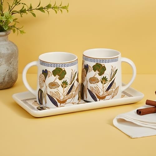 CRAF10 Ceramic Coffee Tea Mugs (330 ML) Sets of 2 with Tray| Microwave & Dishwasher Safe | Ideal for Gifting | Botanic Gold Model - Image 2