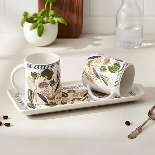 CRAF10 Ceramic Coffee Tea Mugs (330 ML) Sets of 2 with Tray| Microwave & Dishwasher Safe | Ideal for Gifting | Botanic Gold Model - Image 4