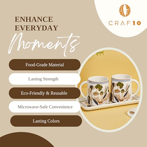 CRAF10 Ceramic Coffee Tea Mugs (330 ML) Sets of 2 with Tray| Microwave & Dishwasher Safe | Ideal for Gifting | Botanic Gold Model - Image 5