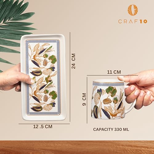 CRAF10 Ceramic Coffee Tea Mugs (330 ML) Sets of 2 with Tray| Microwave & Dishwasher Safe | Ideal for Gifting | Botanic Gold Model - Image 3