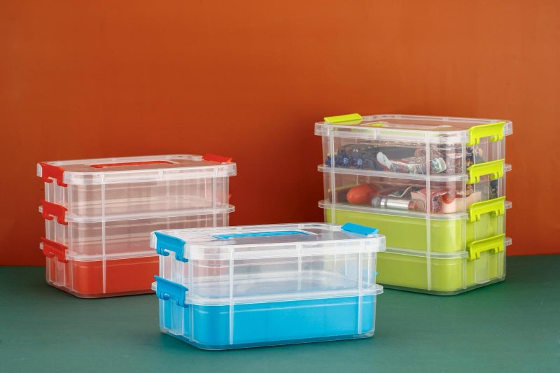 OLMARTT KITCHENWARE Stackable Storage Organiser with Handle, 3-Tier Clear Plastic Container with Compartments, Multicolor, Pack of 1 - Image 2